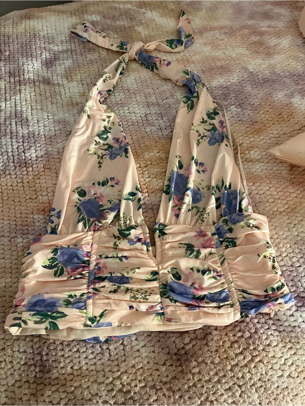 Zara Floral Halter Crop Top in Cream and Blue